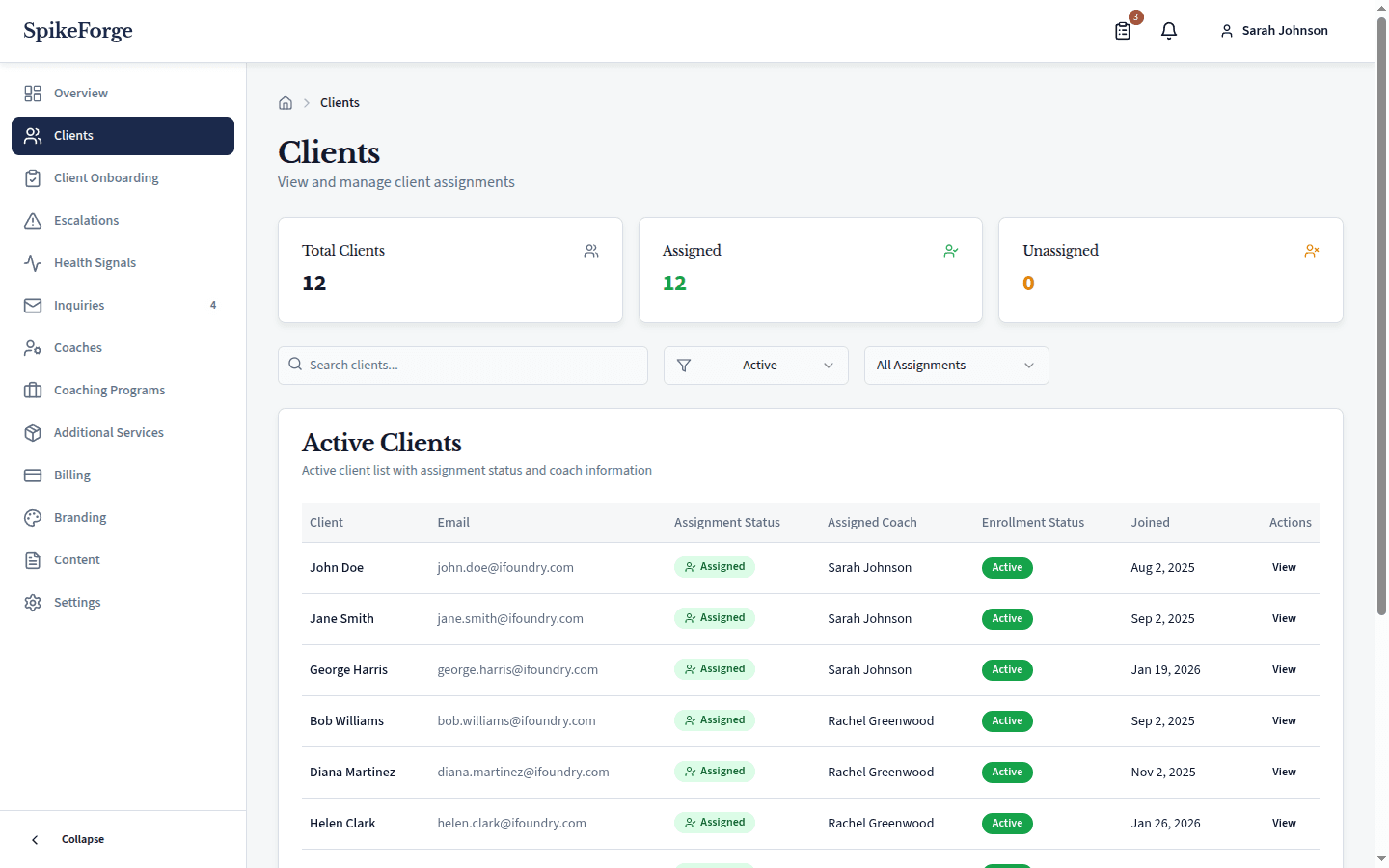 Client management dashboard showing active clients with assignment status, coach assignments, and enrollment tracking