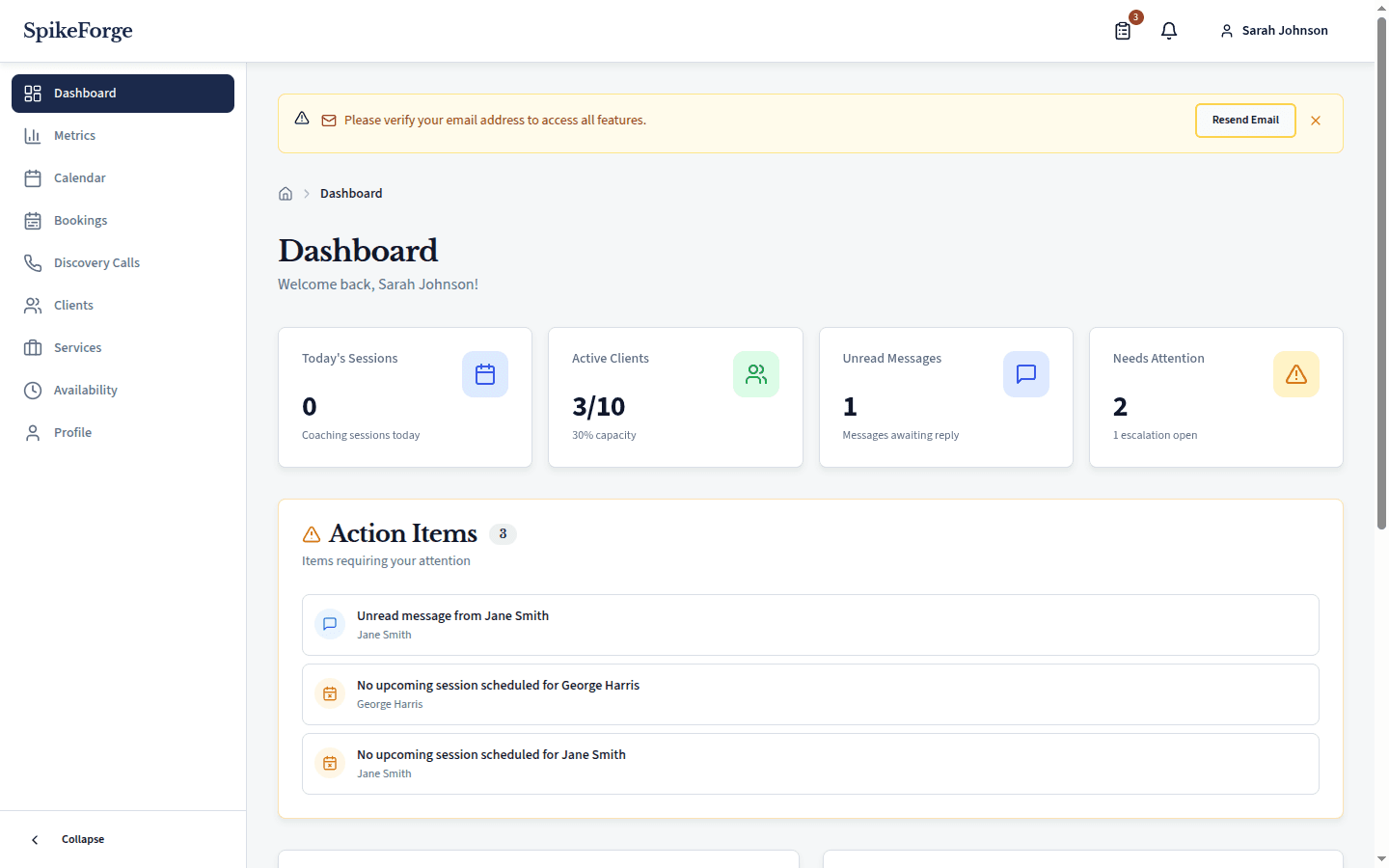 Analytics dashboard showing coach utilization, session trends, engagement signals, and practice growth metrics