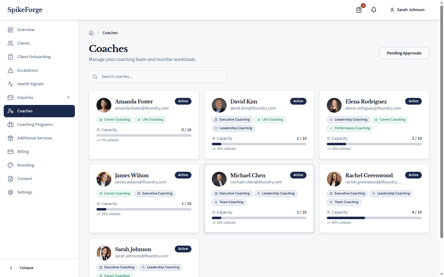 Coach management view with team cards showing specialties, capacity, certifications, and utilization metrics