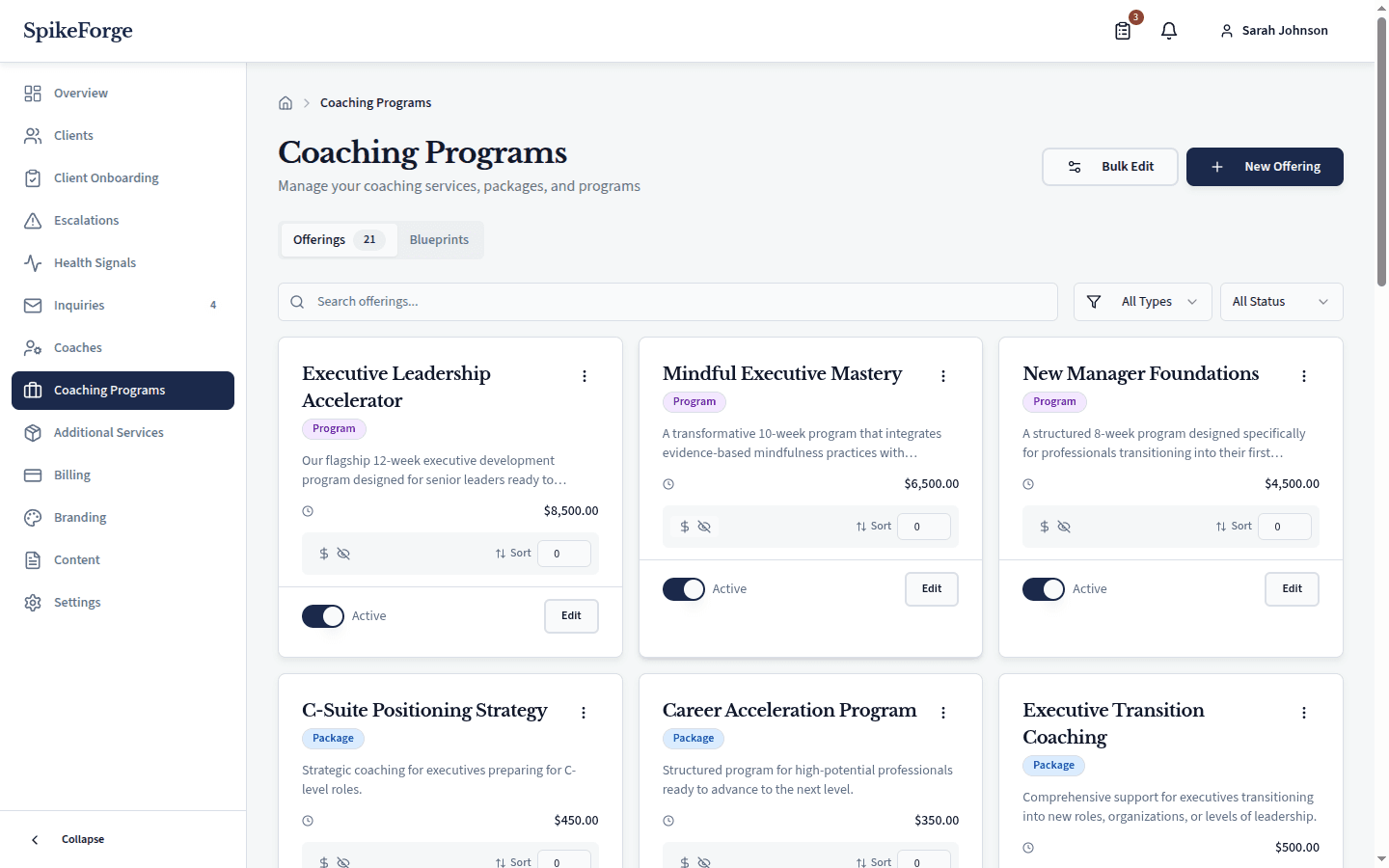 Service catalog management with offerings grid showing coaching programs, packages, and pricing configuration
