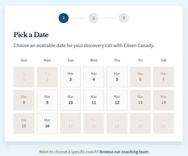 Discovery call booking, step 1 of 3: a calendar where a prospect picks an available date for a call with a named coach