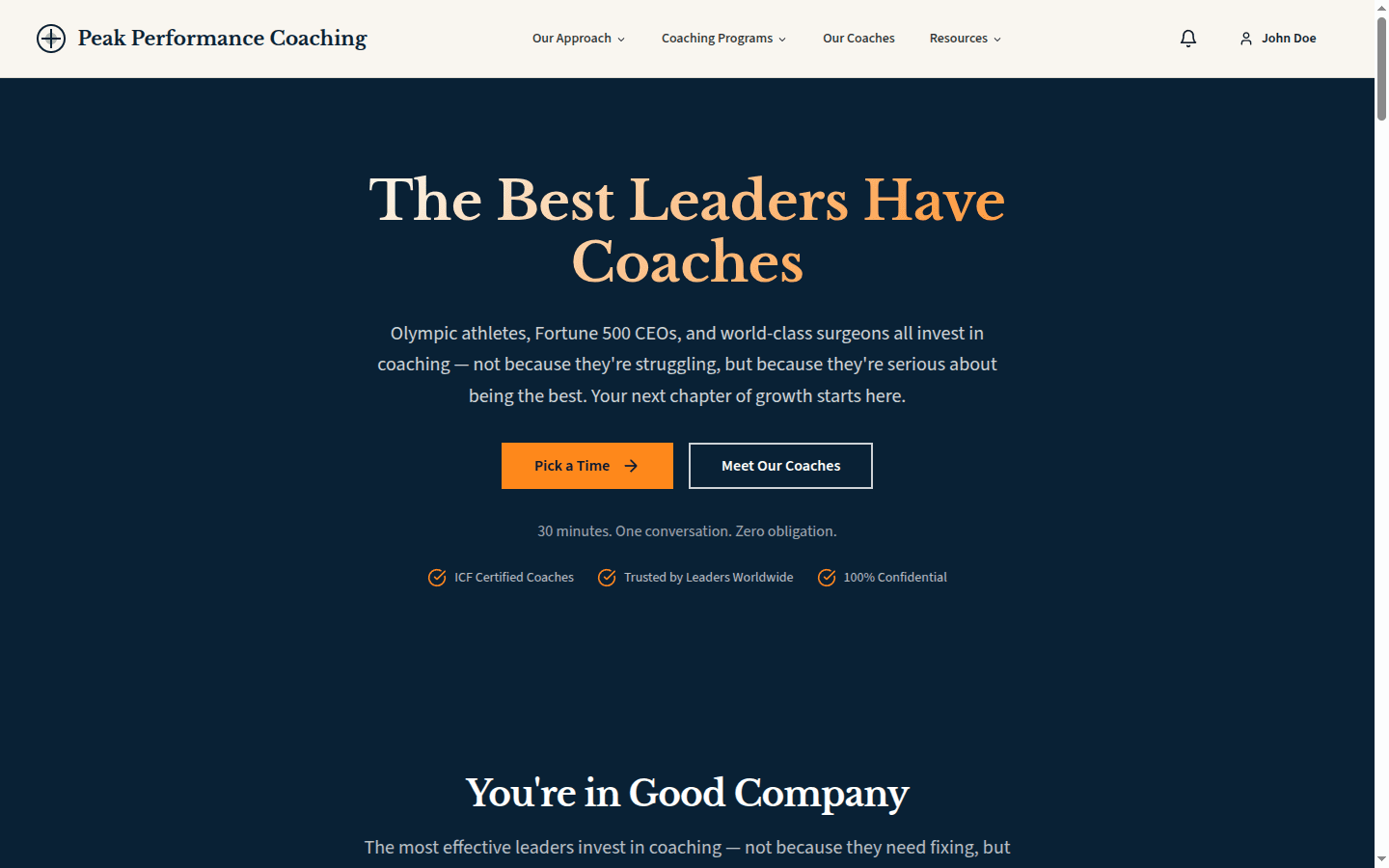 Branded practice website with hero section, coaching philosophy, and call-to-action buttons