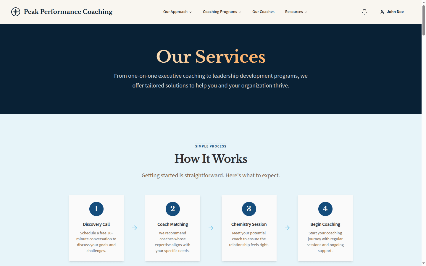 Client-facing services page displaying available coaching programs and packages with descriptions and pricing